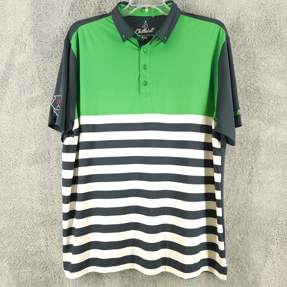 Chilleist Polo Shirt Men 2XL Green Striped Performance Golf Pullover Omar Aquino